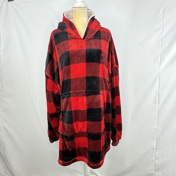 Huggle Hoodie Fleece Sherpa Wearable Blanket Buffalo Plaid One Size Fits All - Picture 14 of 14